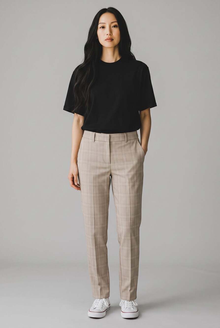 H&M Women's Beige Plaid Check Ankle Pants Trousers US 8